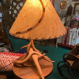 Rustic Antler Table Lamp with Beige Shade